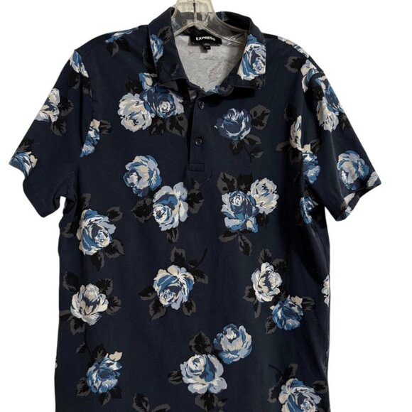 Men's Express Blue Polo Shirt SZ Medium Floral Resort Aloha - Picture 1 of 4